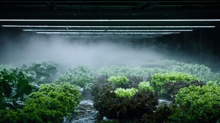 Lush green hydroponic lettuce thriving in a misty indoor farm environment.