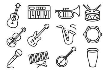 Obraz premium Set of line style web icons featuring diverse musical instruments for creative projects and digital applications, vector cartoon illustration with transparent background
