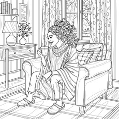 Black woman on a armchair with a cup of coffee.Coloring book antistress for children and adults.