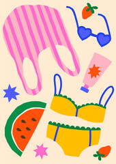 Vacation tropical beach vector illustration. Bold bright summer poster design with swimsuit, watermelon, sunglasses, fruits, tote bag