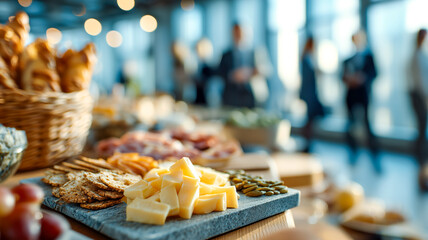 Event catering offers a variety of appetizers, cheese, crackers, and bread for guests at a corporate gathering.