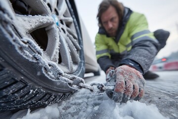 Man attaching snow chains to icy car wheel, cinematic winter roadside scene perfect for safety instructions, transport campaigns, or articles