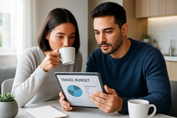 Couple planning travel budget together on tablet at home with coffee cups, cozy light background and creative financial concept displayed. Ai generative