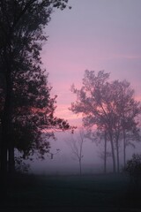 Fototapeta premium Misty, pinkish sunrise through trees