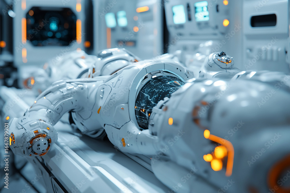 Poster futuristic high tech laboratory interior with neon lights and digital interface in sci fi environmen