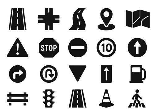 Road and Traffic Solid Icons Set, Silhouette Filled Safety and Navigation Symbols, Vector Cartoon Illustration, Transparent Background, Ordered Collection of Road Signs and Symbols