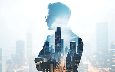 Business man city skyline double exposure leadership concept