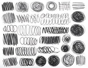 Collection of various hand-drawn scribbles and marks on white background