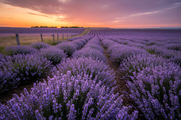 Obraz premium Lavender field at sunset with vibrant sky creating a stunning and serene landscape