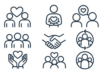 Set of line style web icons depicting relationships, support, community engagement, love, teamwork, cooperation, handshake, social connection, care, and unity vector illustration
