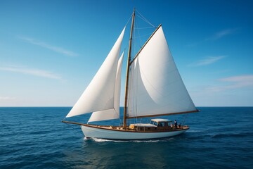 Classic wooden sailboat gliding over calm sea with full white sails under clear blue sky, nautical hobby captured in natural light setting.