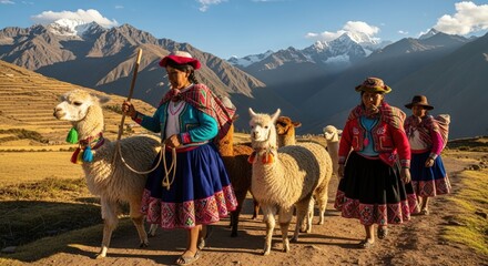 Peruvian women with Alpacas in the Andes Mountains, Peru