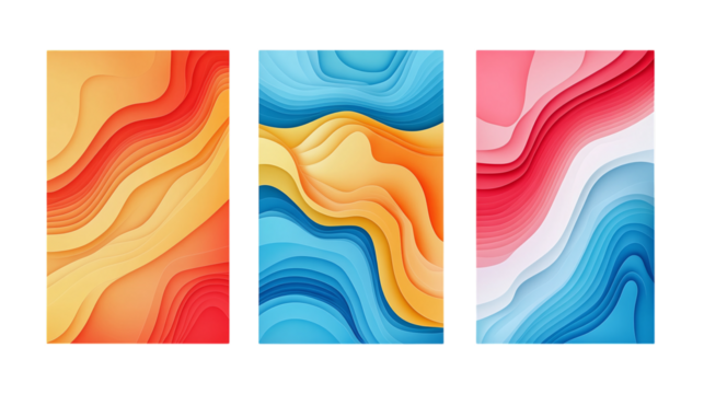 Creative concept of summer bright and juicy cards set with wavy shapes and lines depicted as a professional infographic with clean layout and iconography isolated on transparent background 