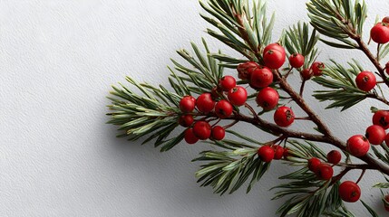 Evergreen branch adorned with vibrant red berries creates festive holiday decoration on a textured surface.