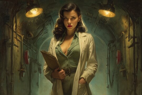 Young caucasian female scientist in vintage laboratory holding clipboard