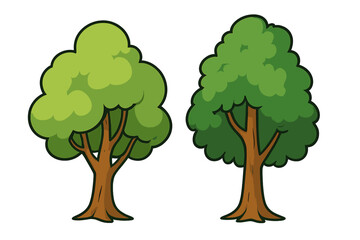 Two Distinct Cartoon Trees with Different Shades of Green, Simplified Vector Illustration, Tree Silhouettes with Brown Trunks, Nature Elements, Transparent Background, Set of 3 Stylized Trees