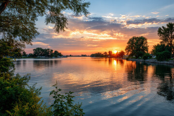 breathtaking summer sunrise casts warm golden light across serene lake illuminating entire landscape