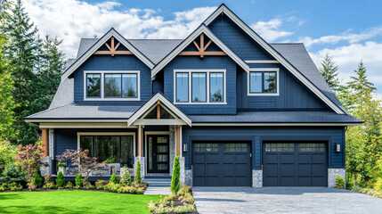 Beautiful new home exterior with two car garage and covered porch on sunny day