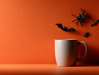 A white mug stands near Halloween decorations of spiders and bats on an orange background in studio shot.
