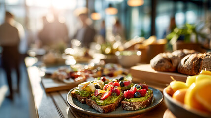 Gourmet brunch buffet featuring avocado toast topped with berries and other fresh, healthy ingredients. Great for socializing.