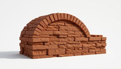 ultra sharp isolated sustainable brick created from compressed earth blocks, designed with layered striated surface, shaped in arched contour brick, including integrated rainwater channels