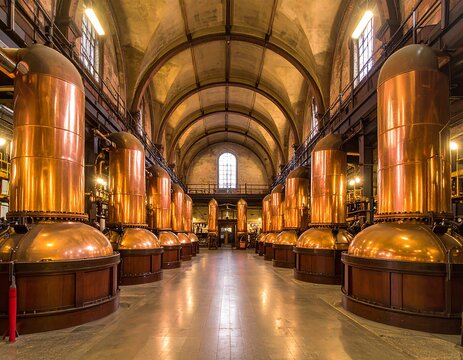 Vast copper distillery interior
