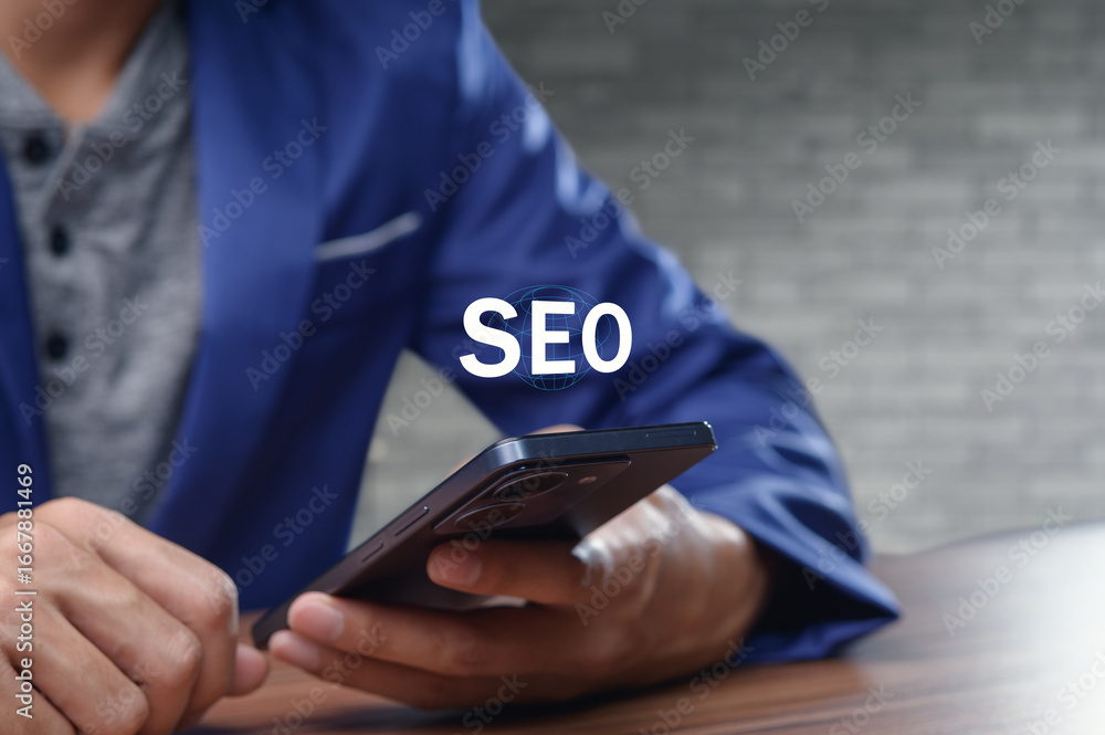Poster business professional using smartphone for search engine optimization