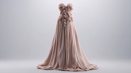 Elegant blush-pink gown, strapless, flowing fabric, floral embellishments