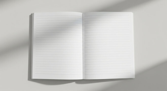 Simple blank notebook background, clean white lined pages with soft shadows, minimal top view style, 16:9 landscape, plain and versatile for presentation