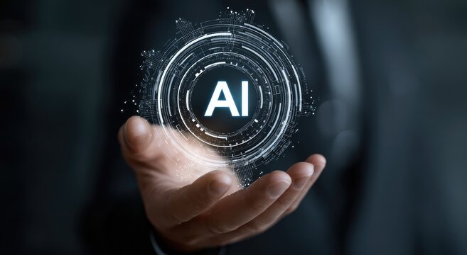 Tech Executive holds AI sphere. Data swirls. Tech concept, future use