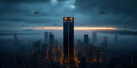 Fototapeta premium Fintech innovations and crypto regulations amidst urban drones over skyscrapers in a tech-driven cityscape