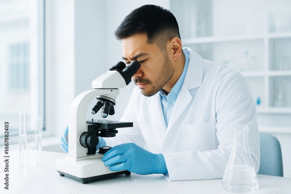 Aufkleber scientist wearing lab coat and gloves examining samples through microscope in bright laboratory with