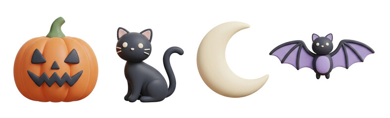 Fototapeta premium A collection of Halloween-themed icons featuring a carved pumpkin, a black cat, a crescent moon, and a bat.
