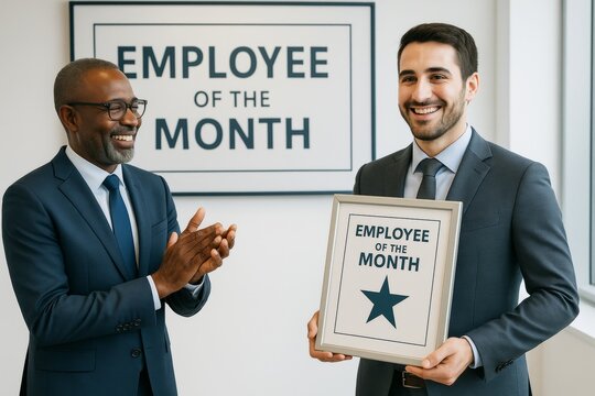 Professional employee of the month celebration with smiling manager and award recipient in modern office interior setting with natural light background. Ai generative