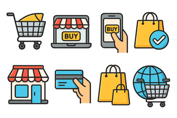 Colorful shopping icons representing various online and in-store purchasing activities, digital marketplace commerce, consumer behavior, e-commerce, retail vector cartoon illustration