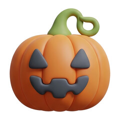 A playful, cartoon-style pumpkin with a smiling face and a green vine, designed for Halloween festivities.