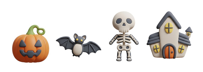 A collection of Halloween-themed decorations including a pumpkin, bat, skeleton, and haunted house figurine.