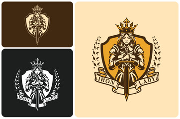 Hand-Drawn Princess with Crown and Sword for Justice and Legal Branding. Vector illustration logo