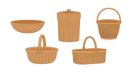 Obraz premium A collection of five woven baskets displayed against a white background