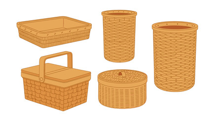 A collection of woven baskets and storage containers made from natural materials