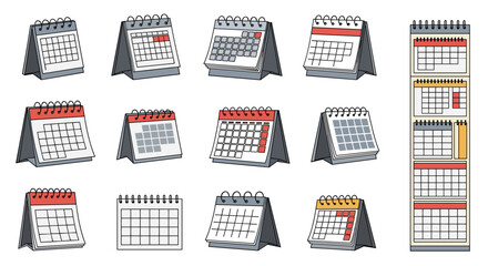 Collection of desktop calendars and desk planners showing different months and dates representing time organization and scheduling concepts
