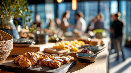 A diverse array of baked goods and fruits are beautifully arranged on a buffet table for a brunch or networking event.
