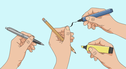 Close-up view of four diverse human hands holding various writing and drawing tools against a light blue background