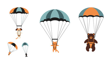 Cute animals enjoying a thrilling parachute adventure together high above the clouds