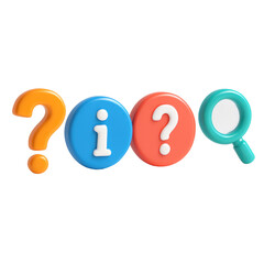 3D Rendered Plastic Icon Style Informative Question Marks and Magnifying Glass on Transparent Background