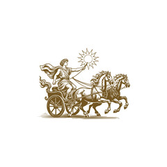 Flat vector engraving logo illustration of Helios, the Greek sun god, riding his radiant solar chariot
