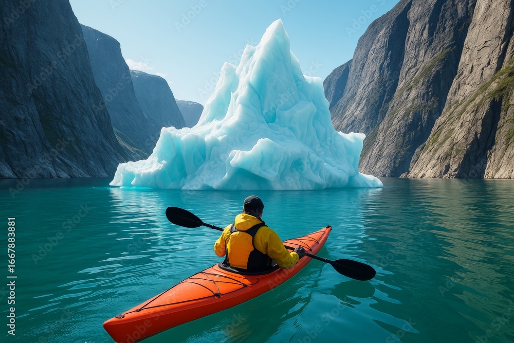 Poster man kayaking toward a large iceberg in a serene fjord with dramatic cliffs under clear skies and bri