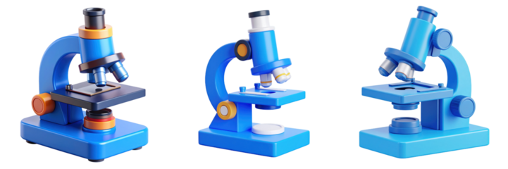 3D Plastic Style Microscopic Laboratory Apparatuses Array Against Transparent Backdrop Features Blue And Orange Accents Isolated Scientific Equipment Concept