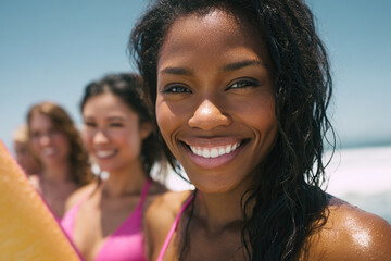 Fototapeta premium A radiant young woman with wet hair smiles against the ocean, holding a surfboard with friends in the background on a sunny day.