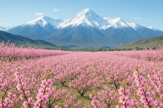 Blooming pink peach blossoms in vast orchard with snow-capped mountain background under clear blue sky on sunny spring day. Ai generative